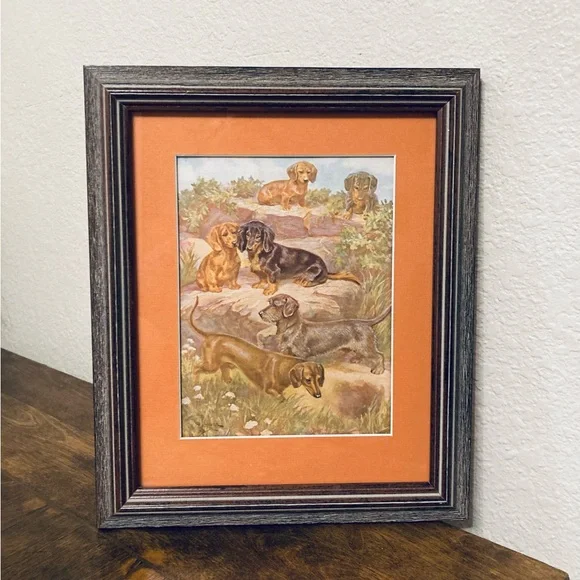 Vtg Long Haired Dachshund Weenie Dog Art Print Framed nature scene wall art - Picture 5 of 6
